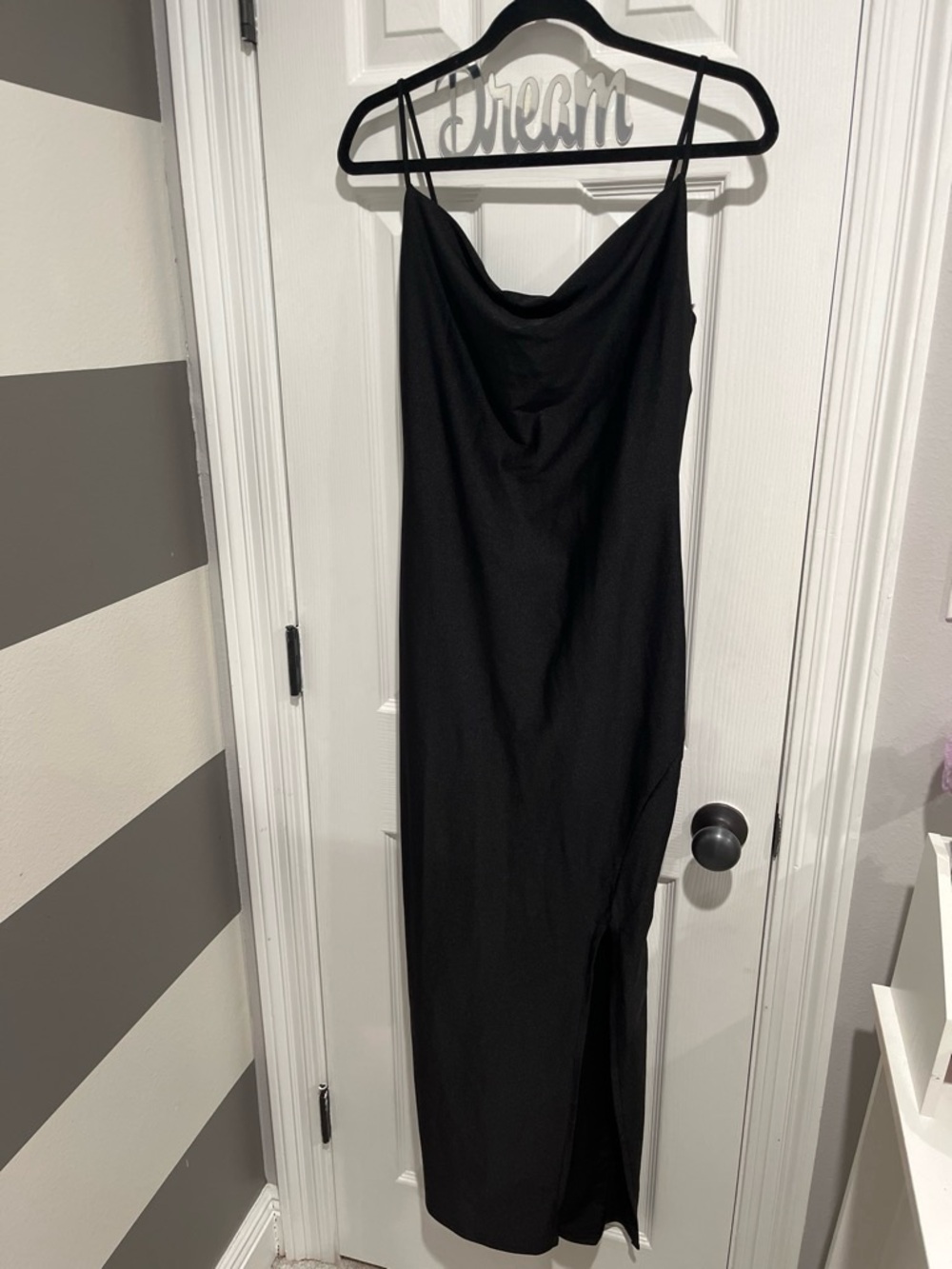 Spaghetti-Strap Black Cowl Neck Maxi Dress
